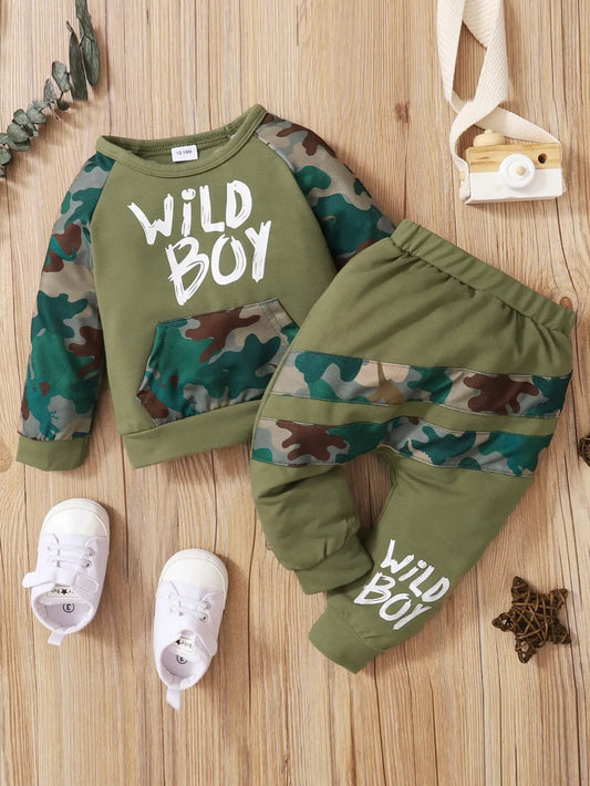 Children's camouflage top and pants set with "Wild Boy" print in green and camo pattern.