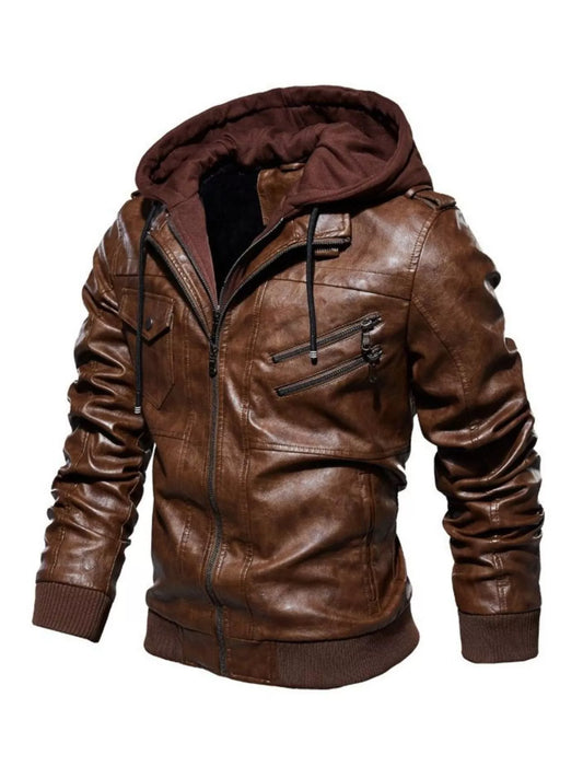 Men's full size zip up hooded jacket with drawstring, brown thick PU leather, zippered and pocketed design