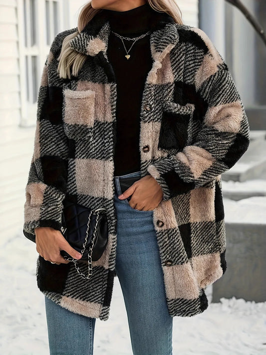 Button down collared neck plaid teddy coat with pockets in black and beige oversized style